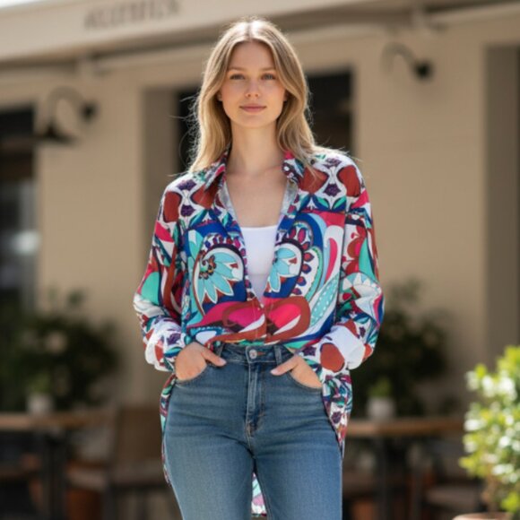 Zara Tops - NWOT ZARA MULTICOLOR GEOMETRIC PRINT SILKY TUNIC TOP  BLOGGERS FAV